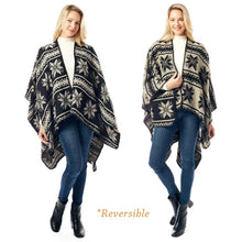 Load image into Gallery viewer, Black Reversible Snowflake Pattern Ruana Poncho
