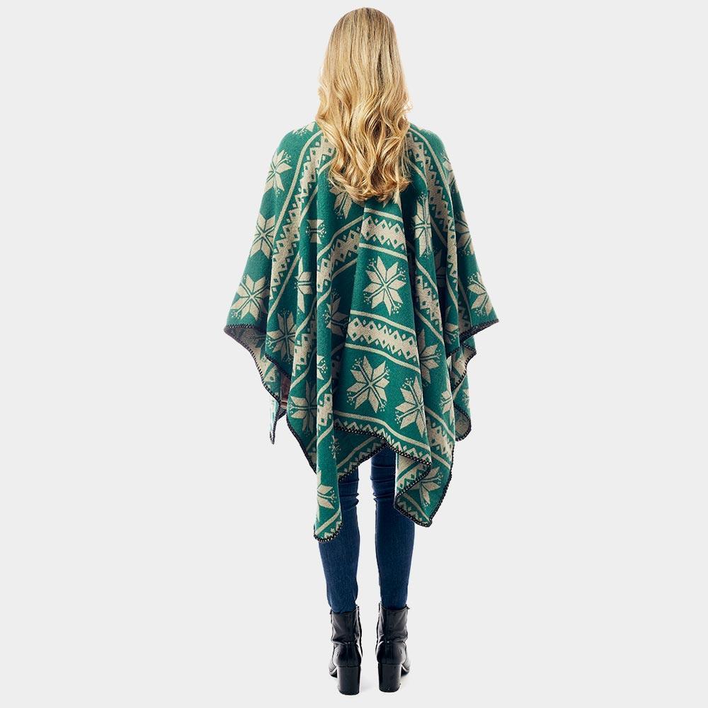 Green Reversible Snowflake Pattern Ruana Poncho - Jewelry Store by Erik Rayo