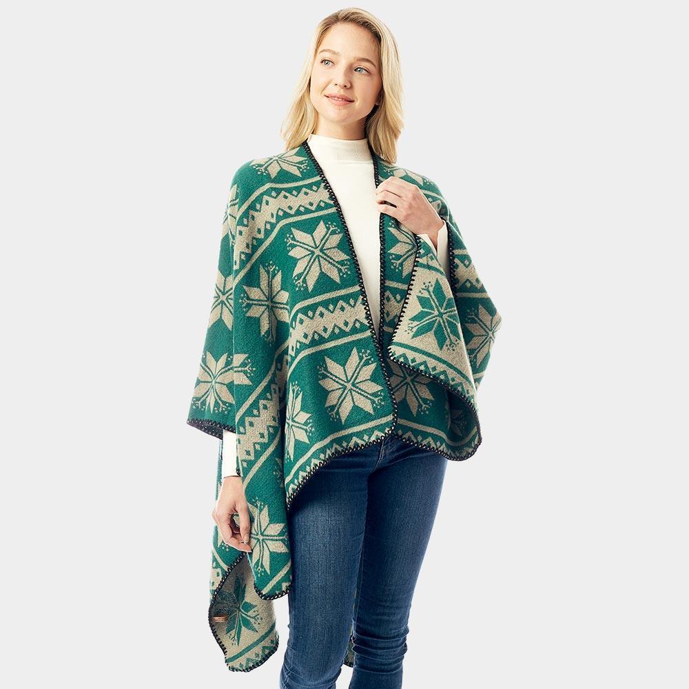 Green Reversible Snowflake Pattern Ruana Poncho - Jewelry Store by Erik Rayo