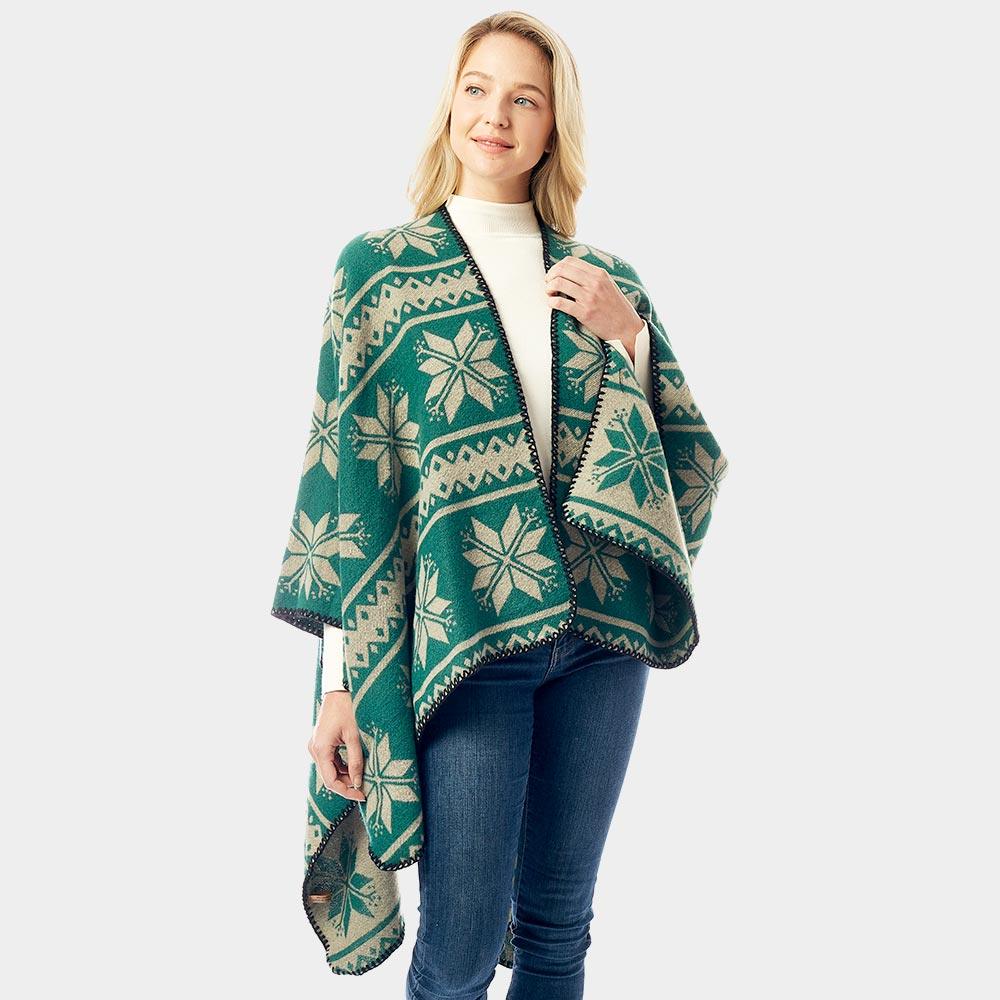 Green Reversible Snowflake Pattern Ruana Poncho