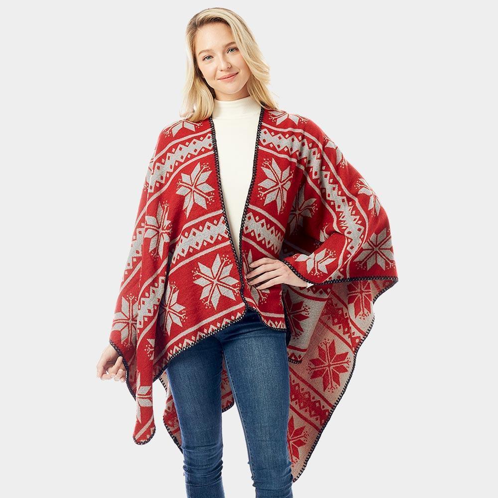 Red Reversible Snowflake Pattern Ruana Poncho - Jewelry Store by Erik Rayo