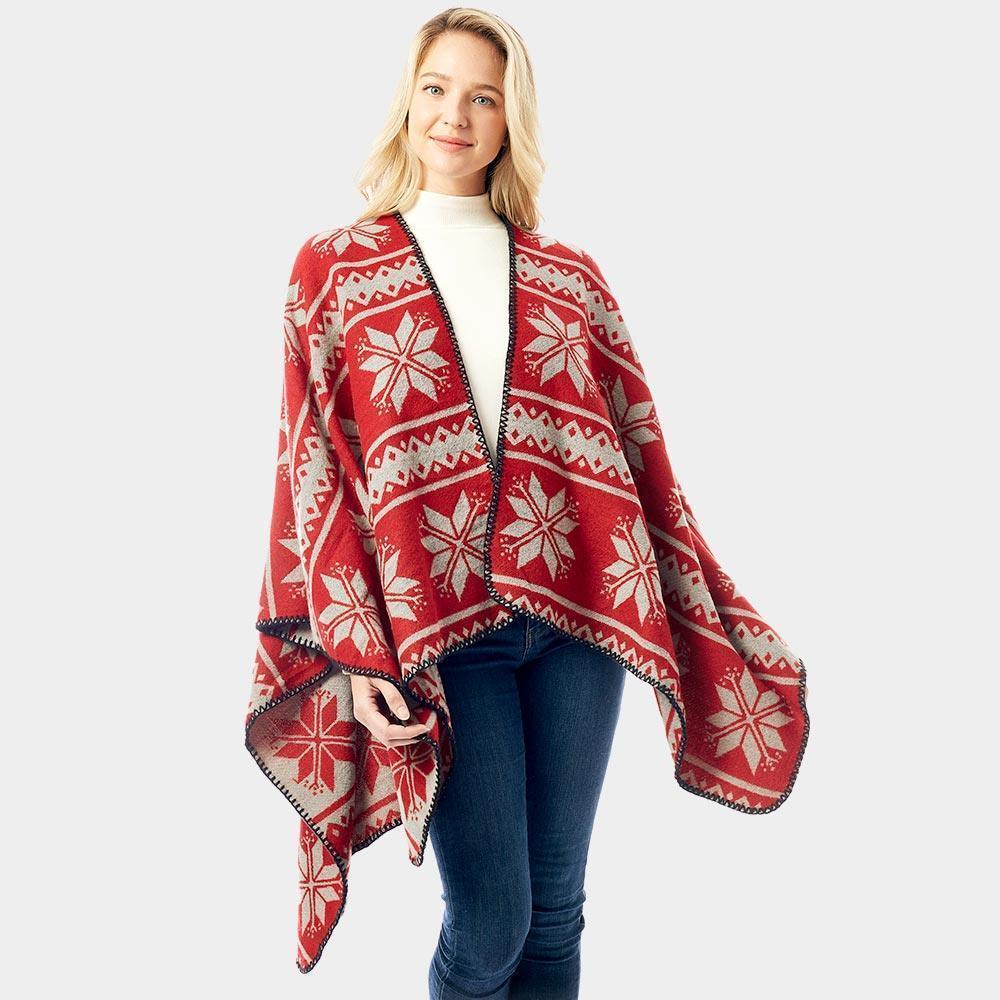 Red Reversible Snowflake Pattern Ruana Poncho - Jewelry Store by Erik Rayo