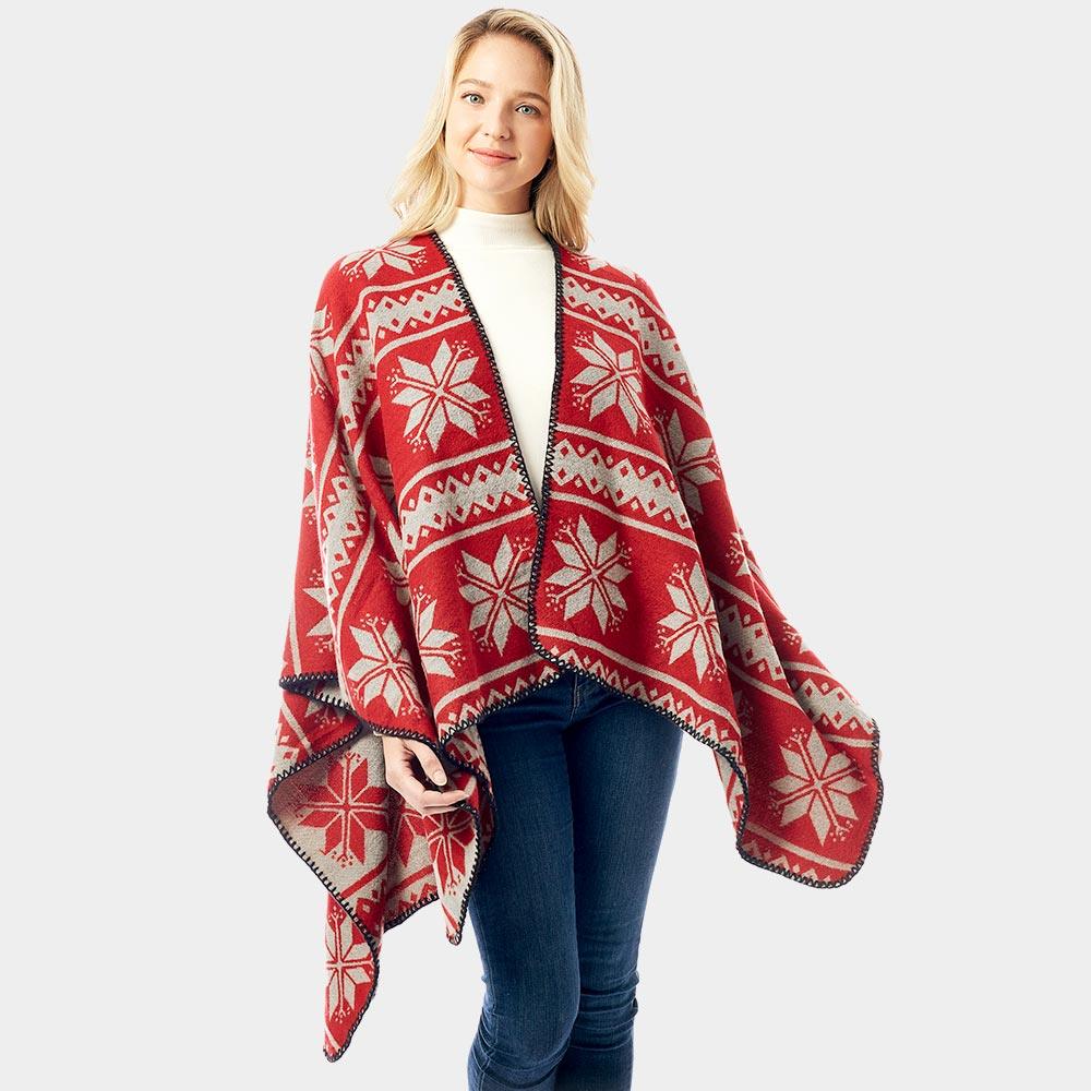 Red Reversible Snowflake Pattern Ruana Poncho