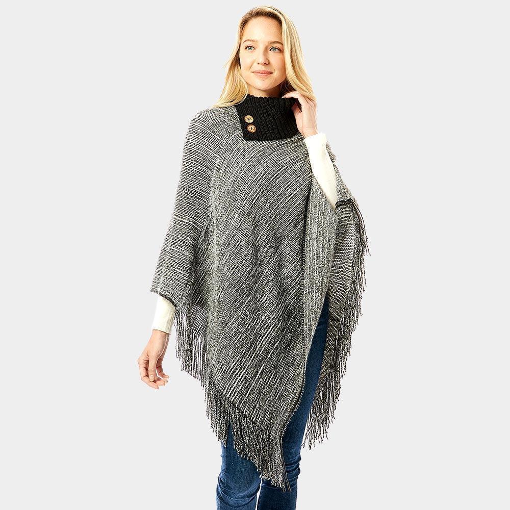 Black Button Collar Pointed Knitted Foldover Neck Poncho - Jewelry Store by Erik Rayo