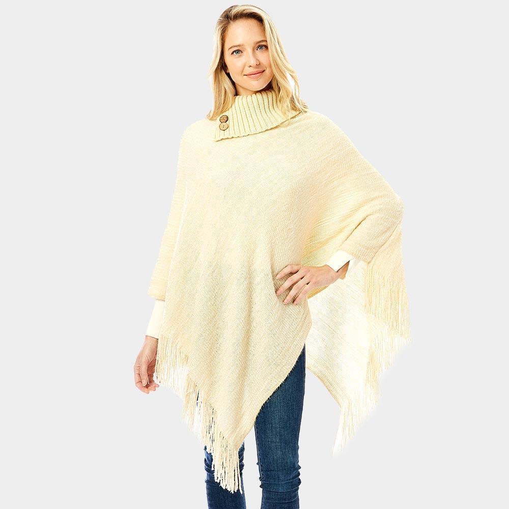 Ivory Button Collar Pointed Knitted Foldover Neck Poncho - Jewelry Store by Erik Rayo