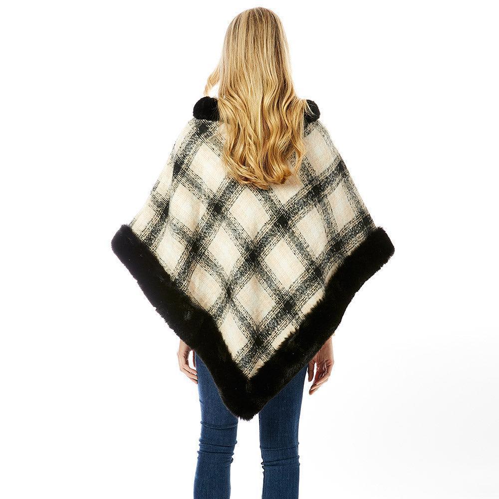 Black Plaid Check Patterned Faux Fur Trimmed Poncho - Jewelry Store by Erik Rayo