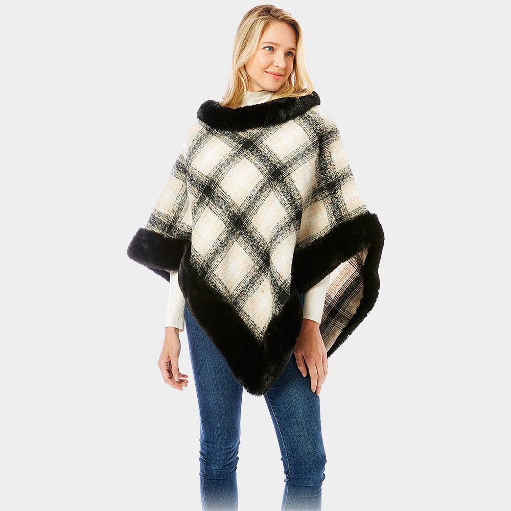 Black Plaid Check Patterned Faux Fur Trimmed Poncho