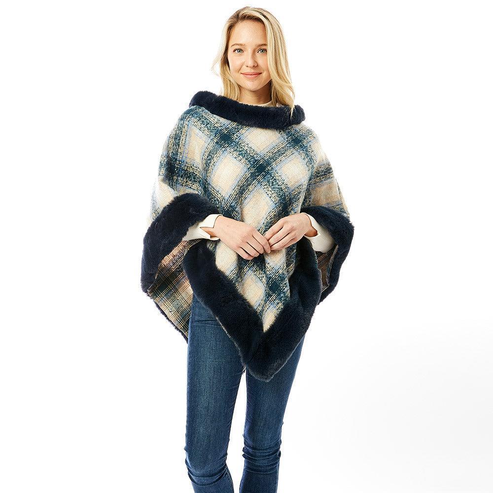 Navy Plaid Check Patterned Faux Fur Trimmed Poncho - Jewelry Store by Erik Rayo