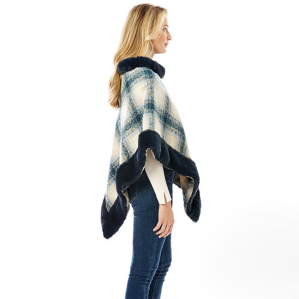 Navy Plaid Check Patterned Faux Fur Trimmed Poncho - Jewelry Store by Erik Rayo
