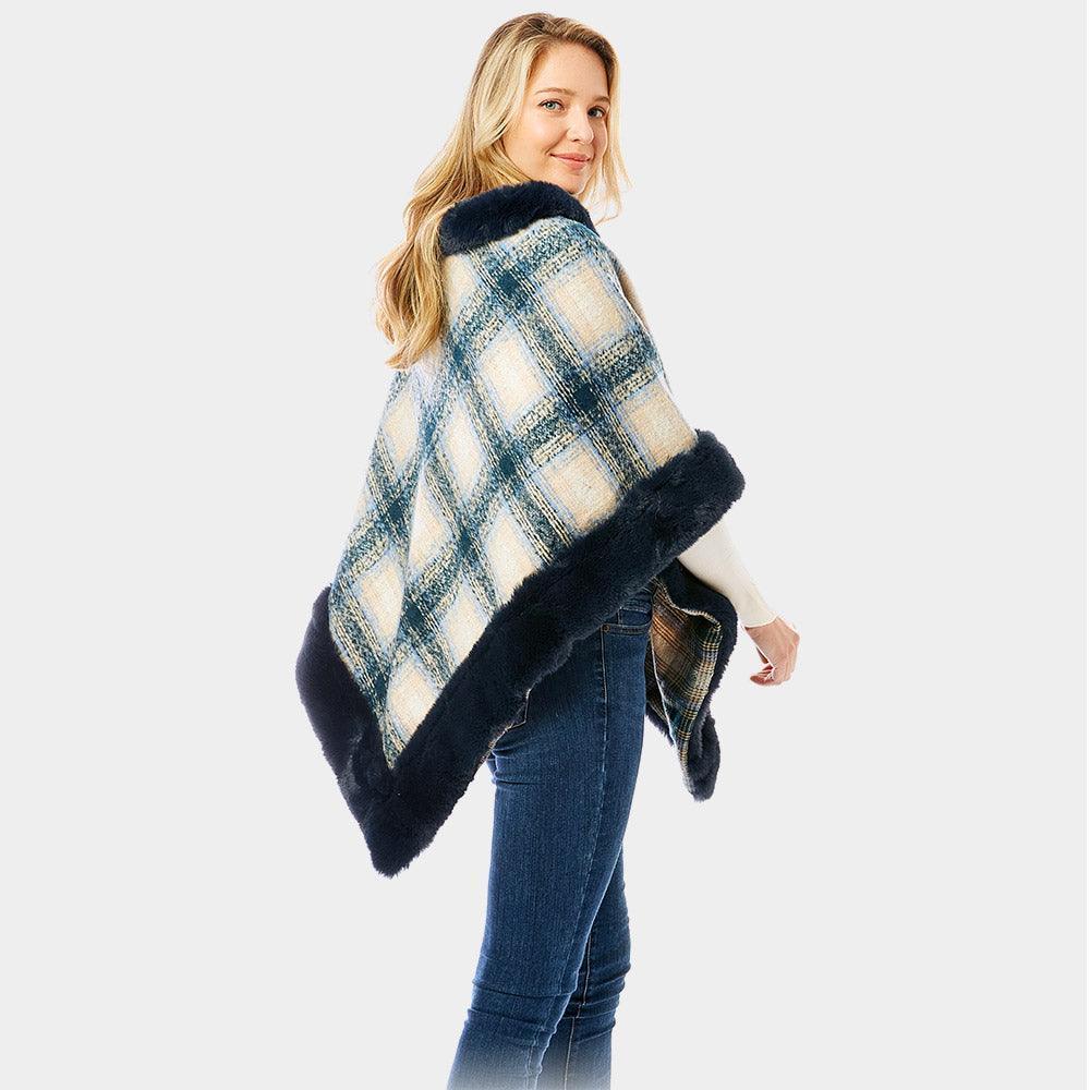 Navy Plaid Check Patterned Faux Fur Trimmed Poncho - Jewelry Store by Erik Rayo