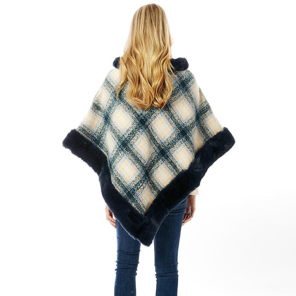 Navy Plaid Check Patterned Faux Fur Trimmed Poncho - Jewelry Store by Erik Rayo