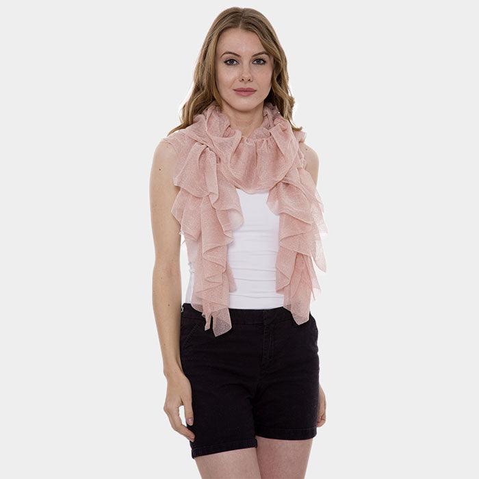 Pink Shining Metallic Ruffle Solid Color Scarf