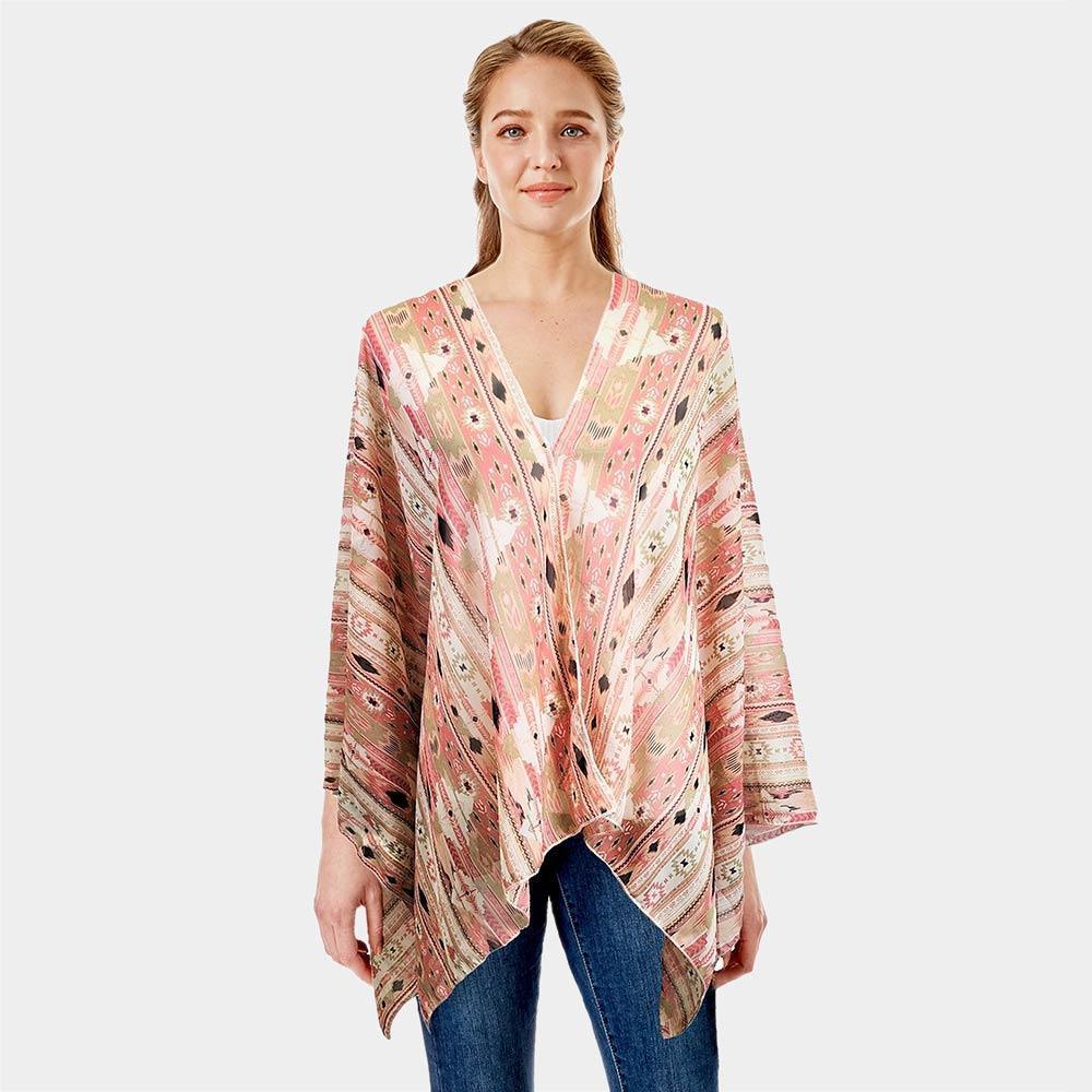 Coral Boho Patterned Sheer Cover Up Kimono Poncho - Jewelry Store by Erik Rayo