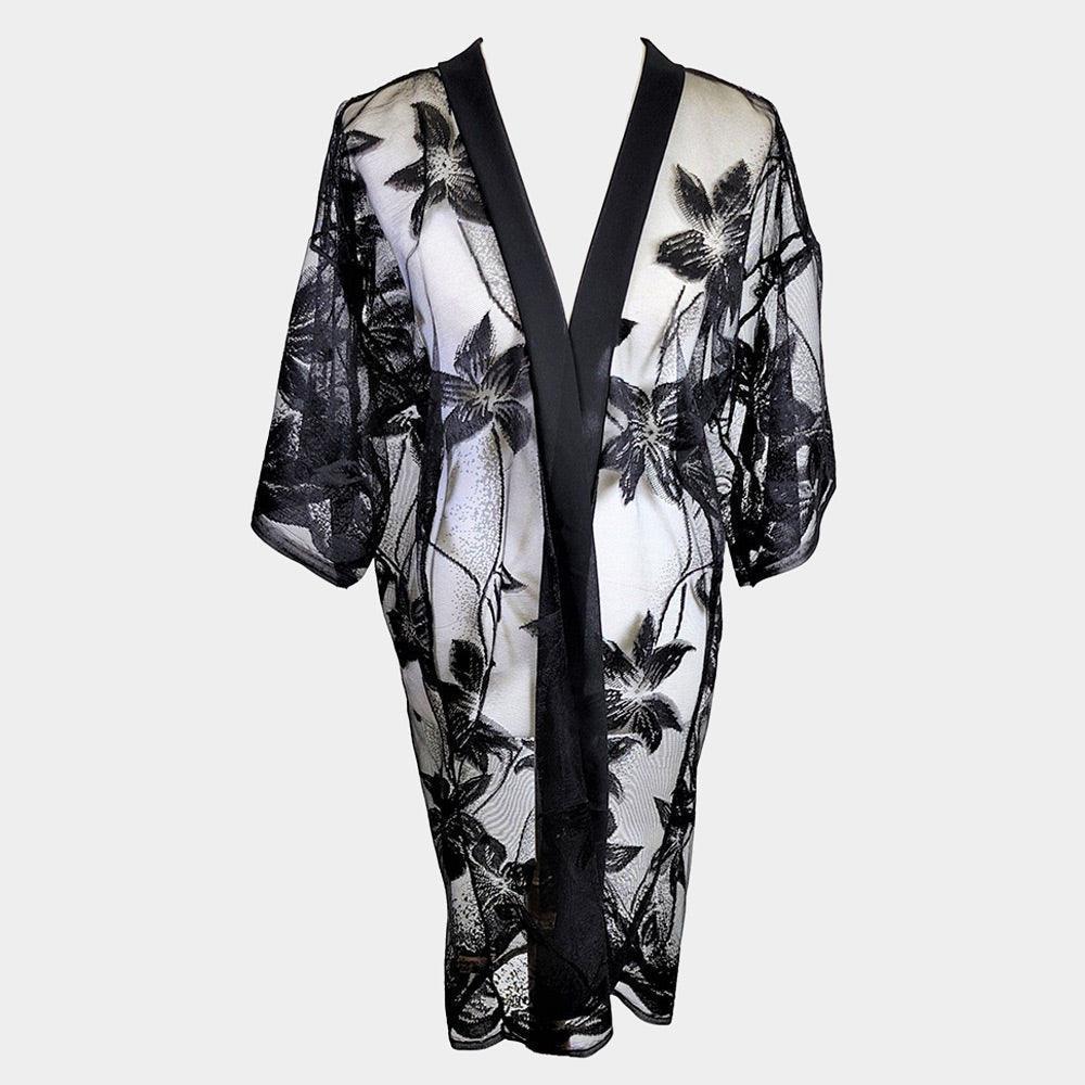 Black Flower Lace Cover Up Kimono Poncho - Jewelry Store by Erik Rayo