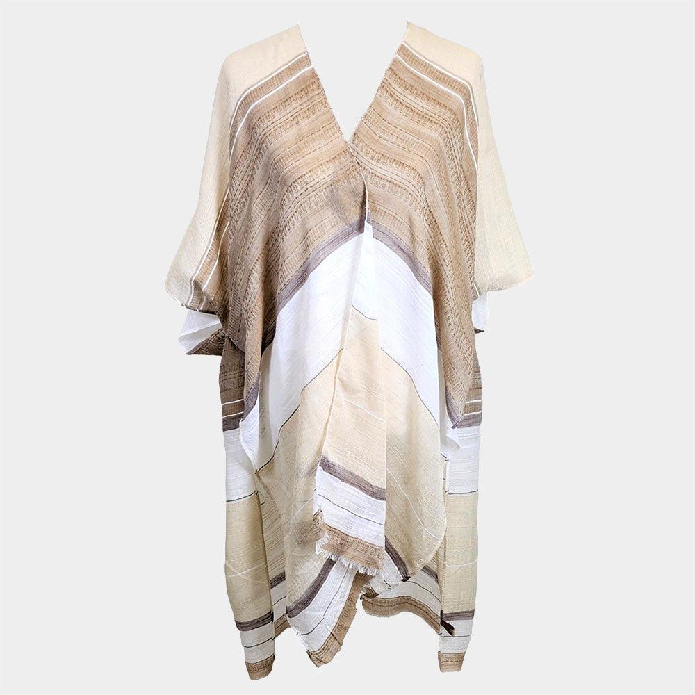 Beige Striped Frayed Cover Up Kimono Poncho - Jewelry Store by Erik Rayo