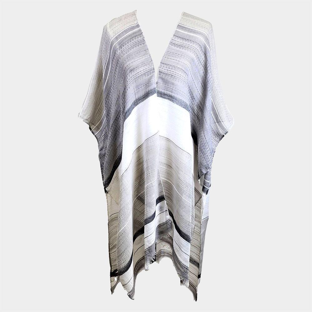 Black Striped Frayed Cover Up Kimono Poncho - Jewelry Store by Erik Rayo