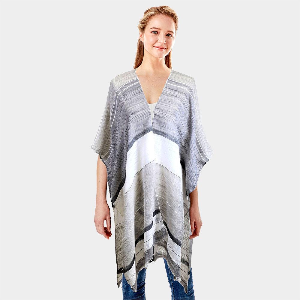 Black Striped Frayed Cover Up Kimono Poncho