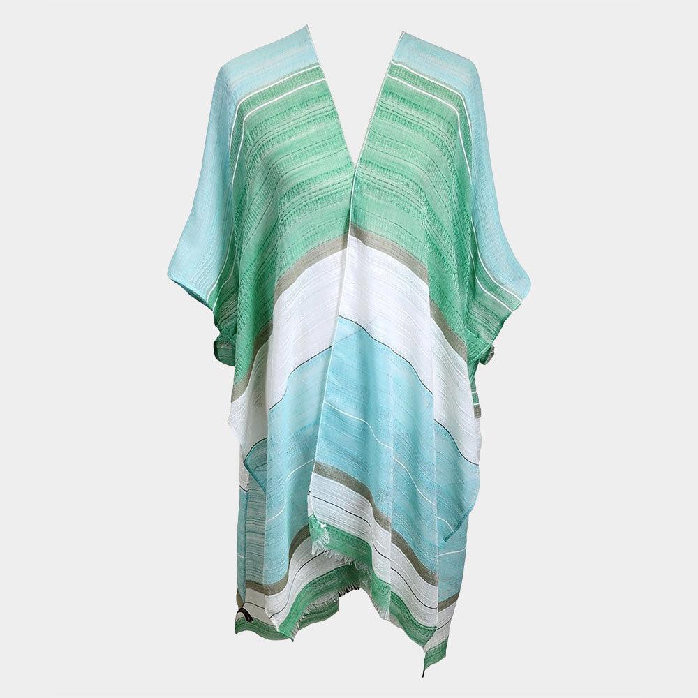 Mint Striped Frayed Cover Up Kimono Poncho