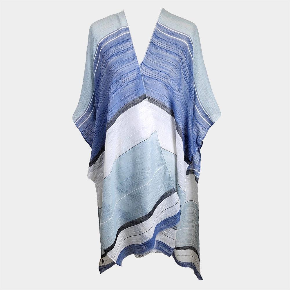 Navy Striped Frayed Cover Up Kimono Poncho - Jewelry Store by Erik Rayo