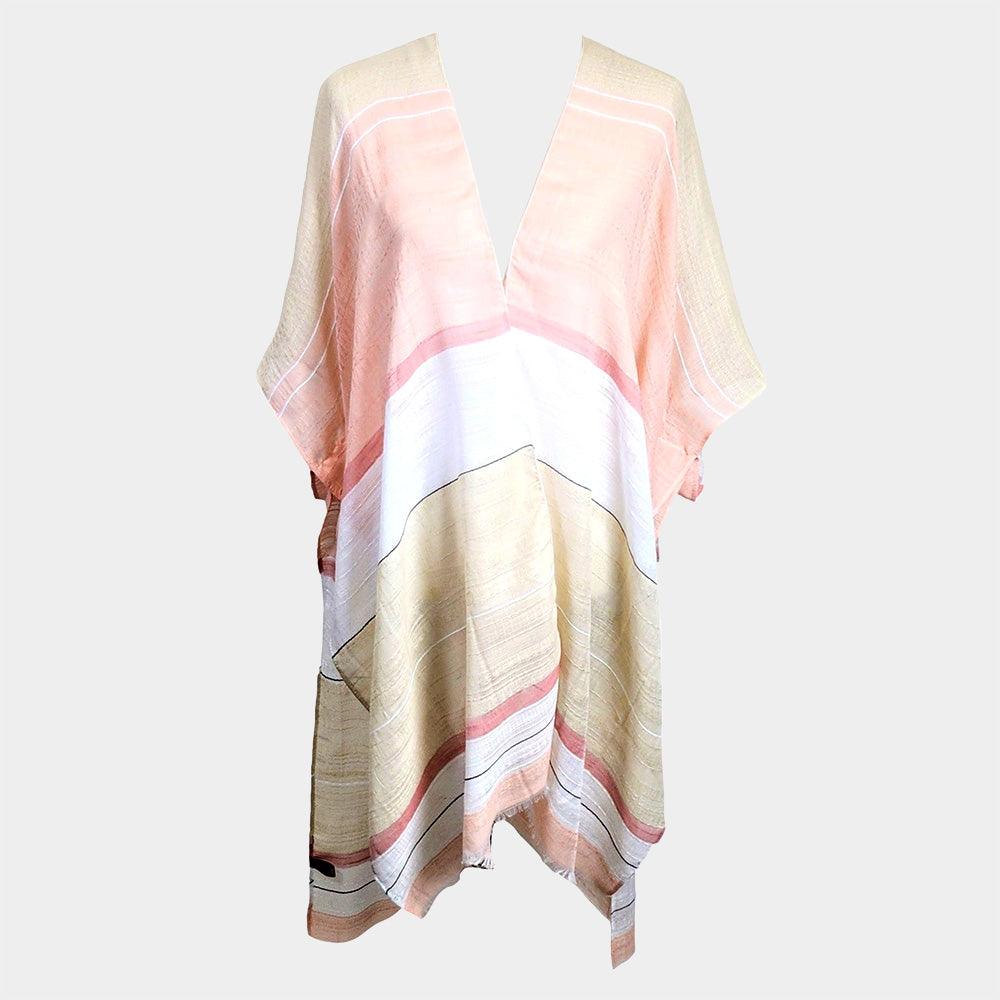 Pink Striped Frayed Cover Up Kimono Poncho