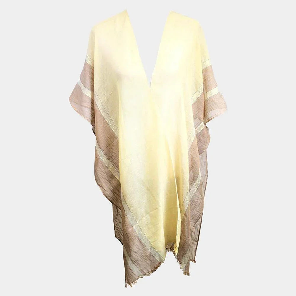 Beige Lurex Border Cover Up Kimono Poncho - Jewelry Store by Erik Rayo