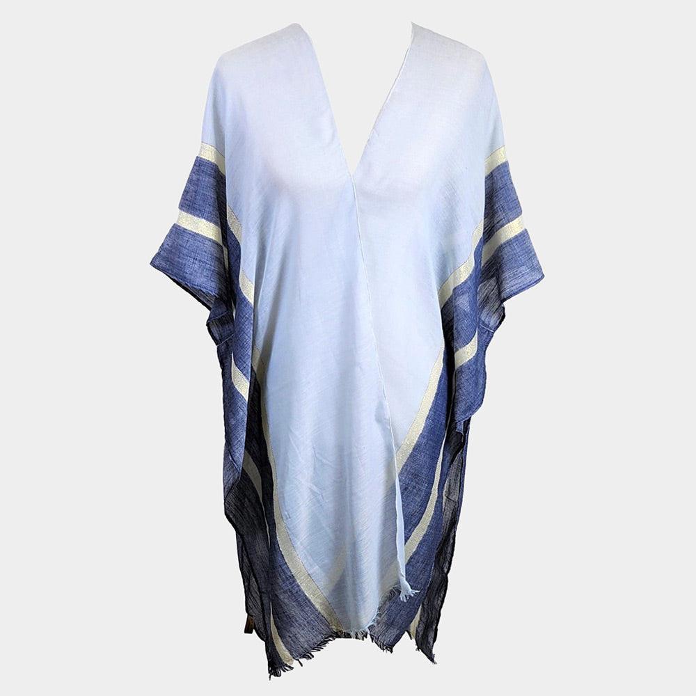 Blue Lurex Border Cover Up Kimono Poncho - Jewelry Store by Erik Rayo