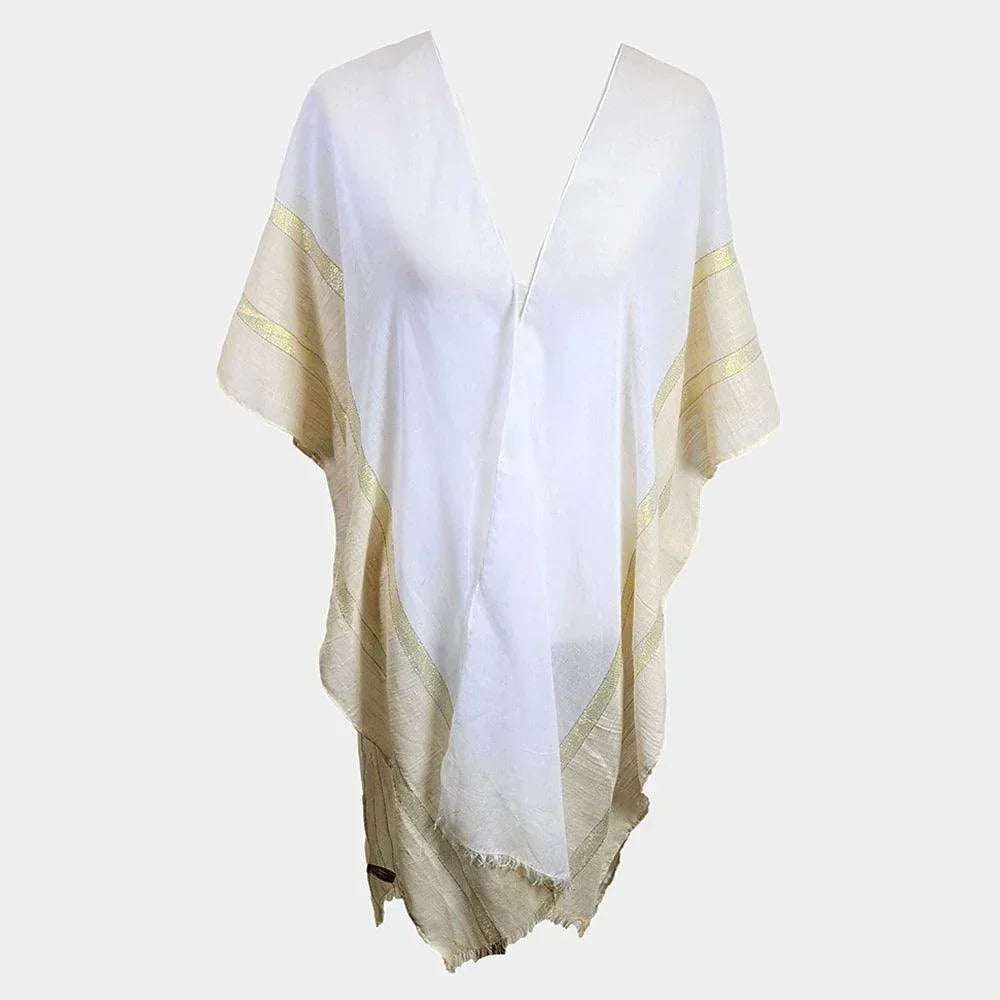 White Lurex Border Cover Up Kimono Poncho - Jewelry Store by Erik Rayo