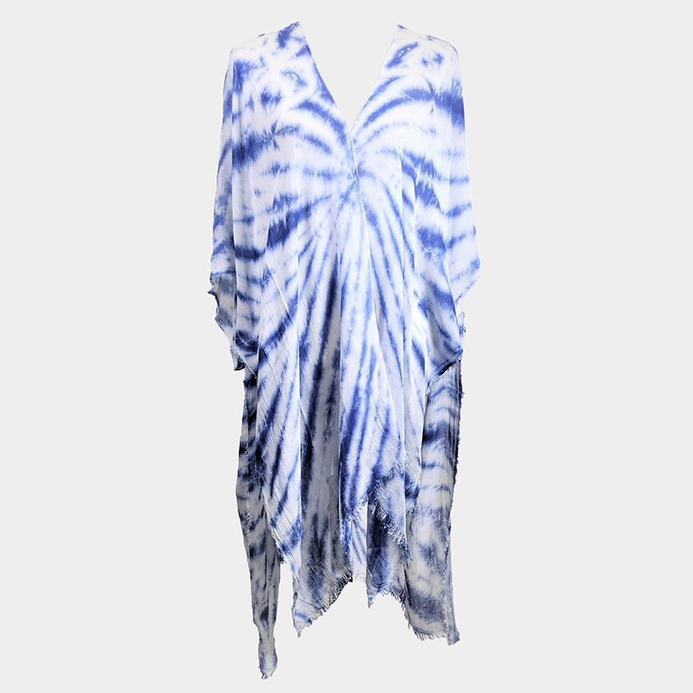 Blue Tie Dye Frayed Cover Up Kimono Poncho - Jewelry Store by Erik Rayo