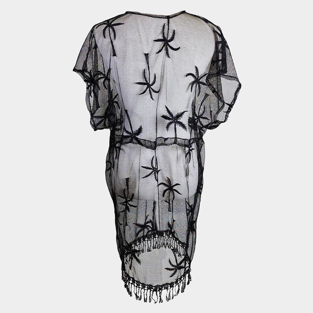 Black Palm Tree Accented Tassel Cover Up Kimono Poncho - Jewelry Store by Erik Rayo