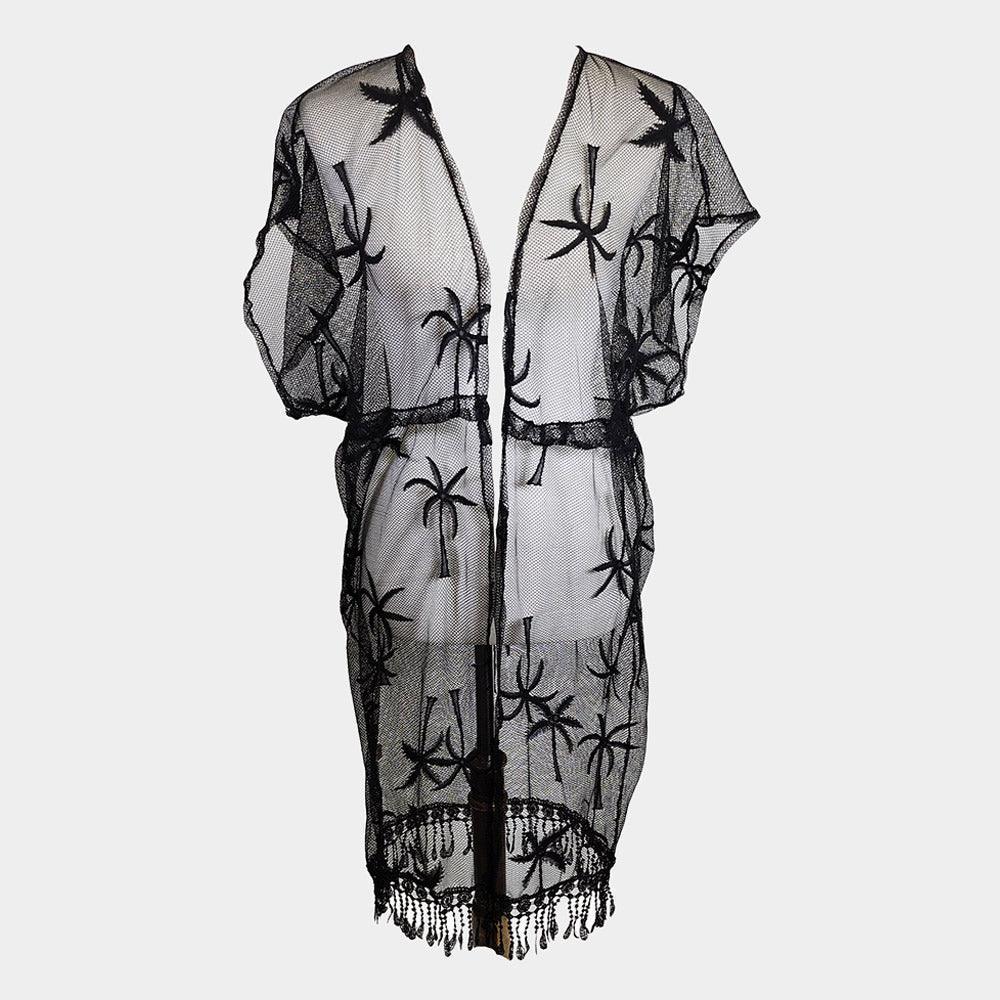 Black Palm Tree Accented Tassel Cover Up Kimono Poncho - Jewelry Store by Erik Rayo