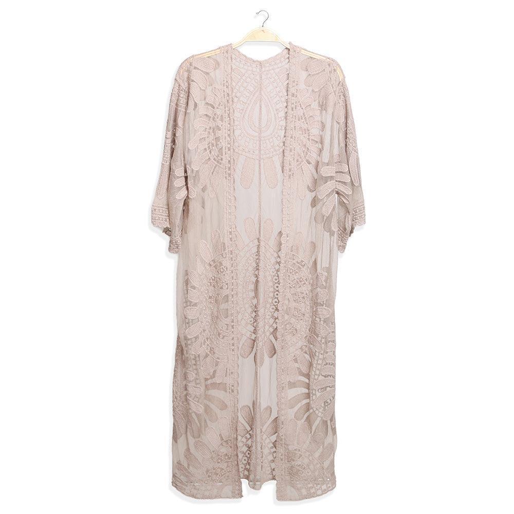 Beige Floral Patterned Long Lace Cover Up Kimono Poncho - Jewelry Store by Erik Rayo