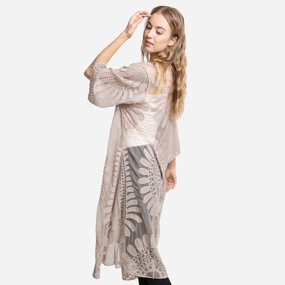 Beige Floral Patterned Long Lace Cover Up Kimono Poncho - Jewelry Store by Erik Rayo