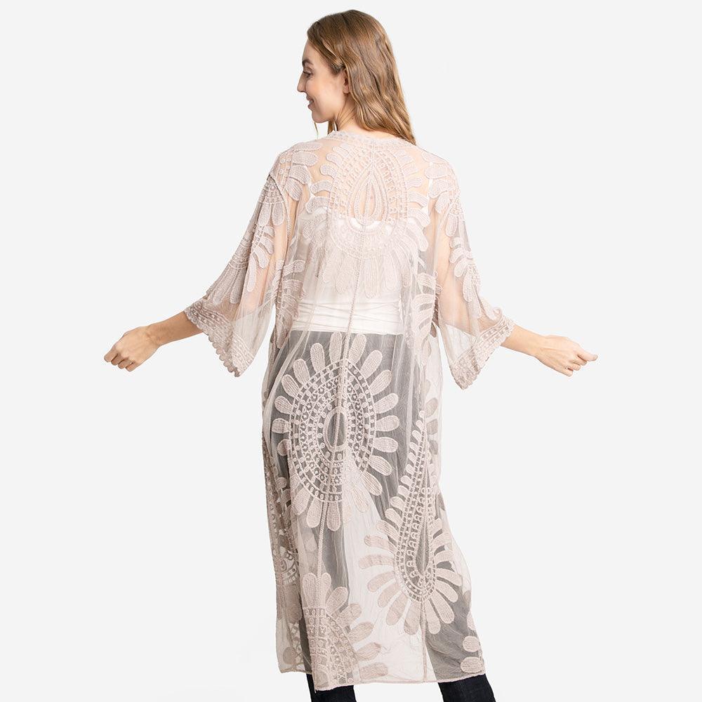 Beige Floral Patterned Long Lace Cover Up Kimono Poncho - Jewelry Store by Erik Rayo