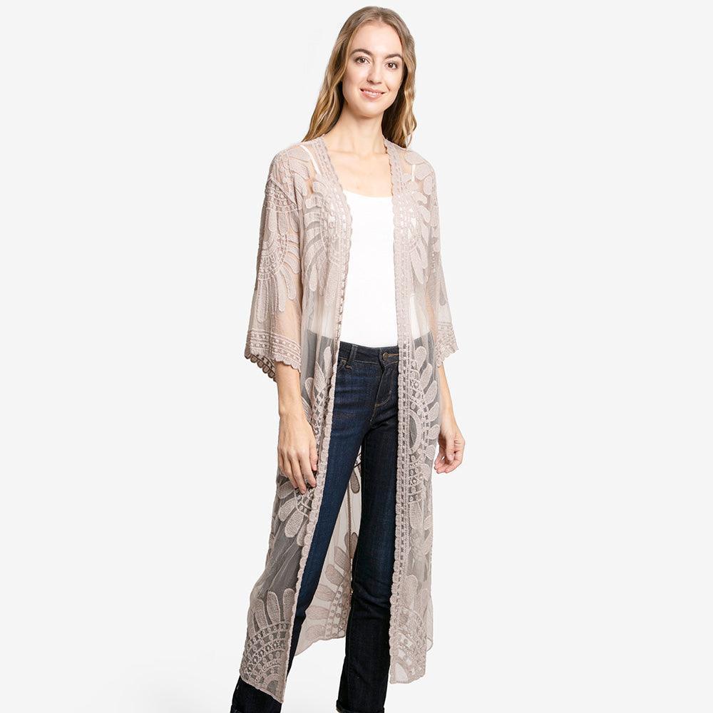 Beige Floral Patterned Long Lace Cover Up Kimono Poncho - Jewelry Store by Erik Rayo
