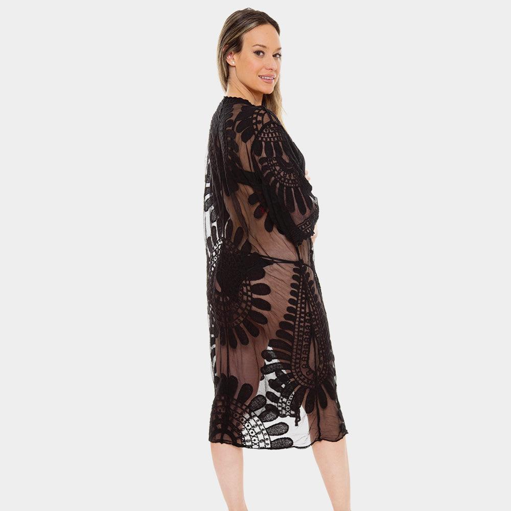 Black Floral Patterned Long Lace Cover Up Kimono Poncho - Jewelry Store by Erik Rayo