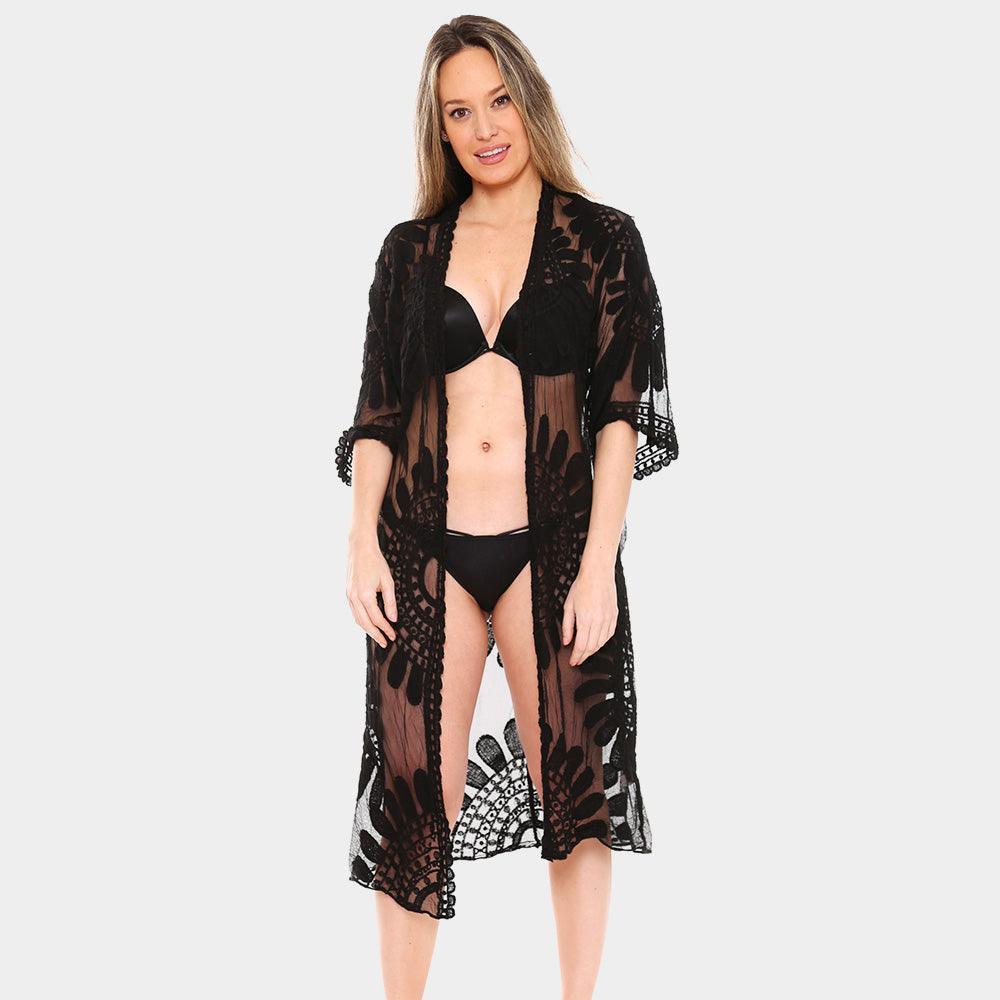 Black Floral Patterned Long Lace Cover Up Kimono Poncho - Jewelry Store by Erik Rayo