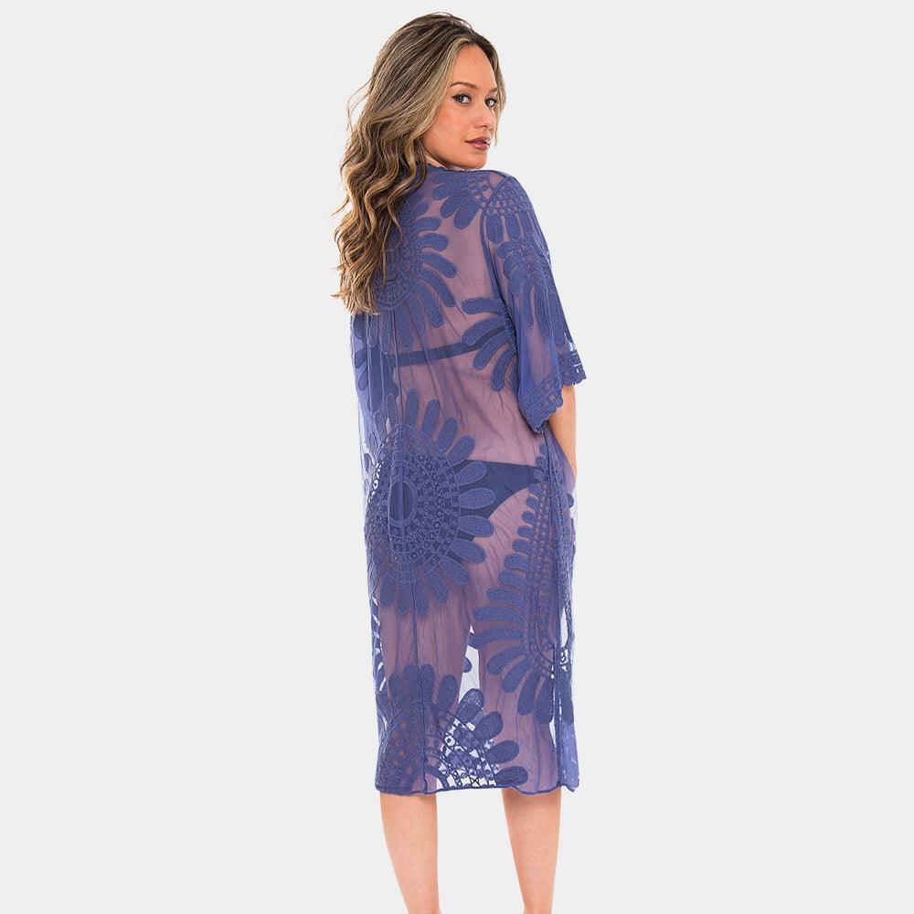 Blue Floral Patterned Long Lace Cover Up Kimono Poncho - Jewelry Store by Erik Rayo