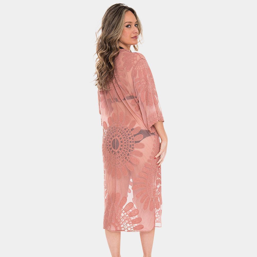 Pink Floral Patterned Long Lace Cover Up Kimono Poncho - Jewelry Store by Erik Rayo