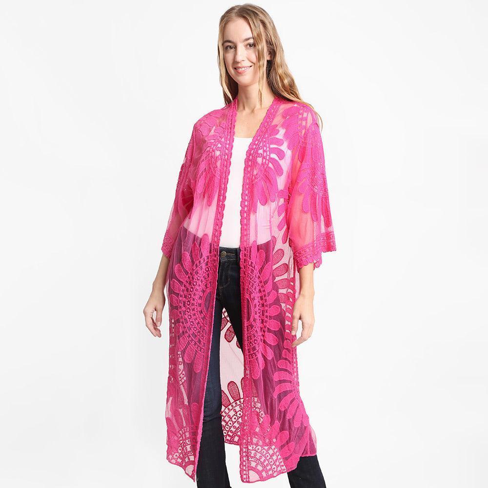 Pink Floral Patterned Long Lace Cover Up Kimono Poncho - Jewelry Store by Erik Rayo