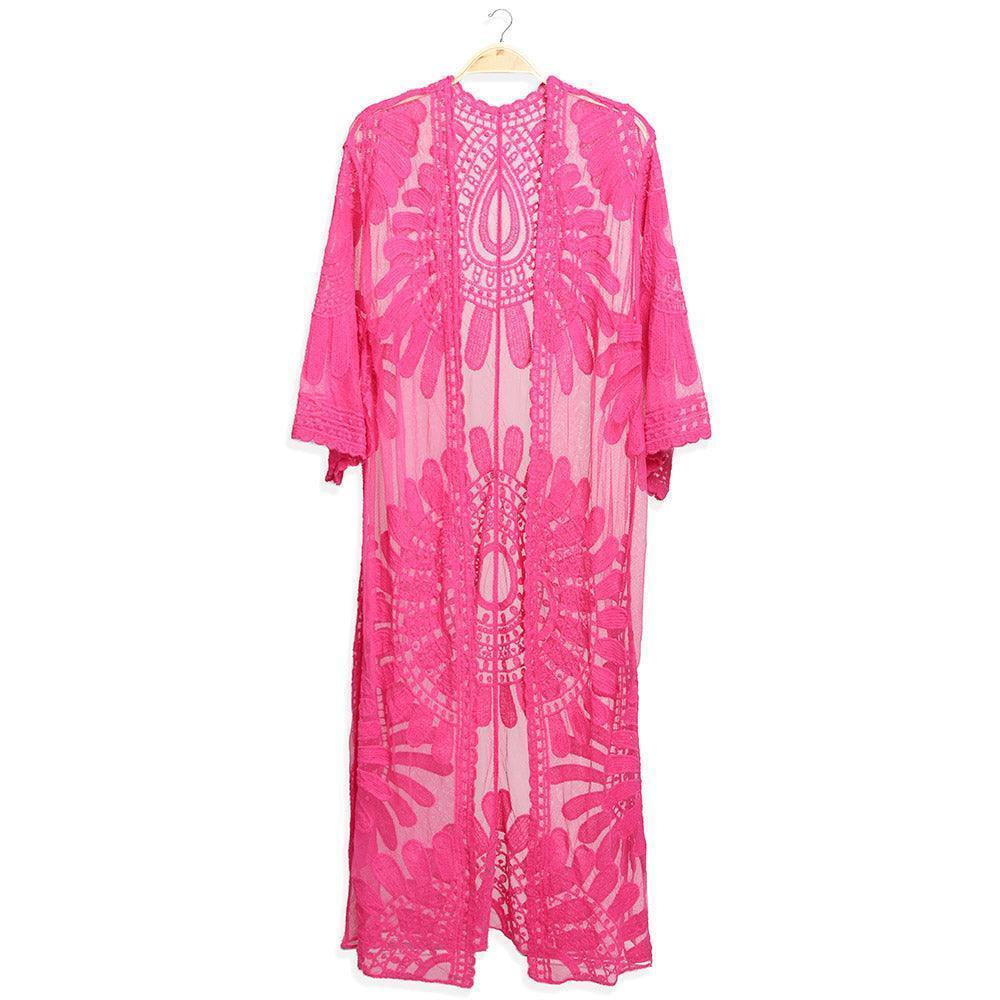 Pink Floral Patterned Long Lace Cover Up Kimono Poncho - Jewelry Store by Erik Rayo
