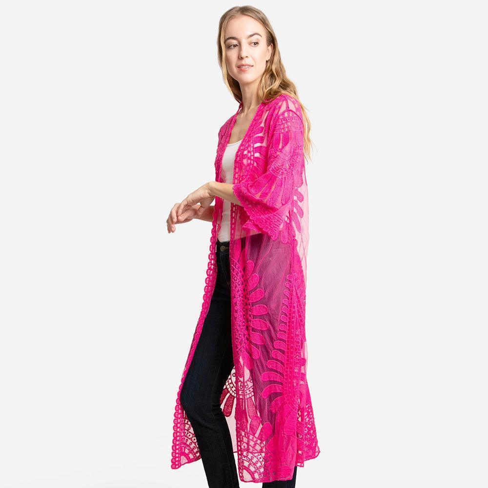 Pink Floral Patterned Long Lace Cover Up Kimono Poncho - Jewelry Store by Erik Rayo