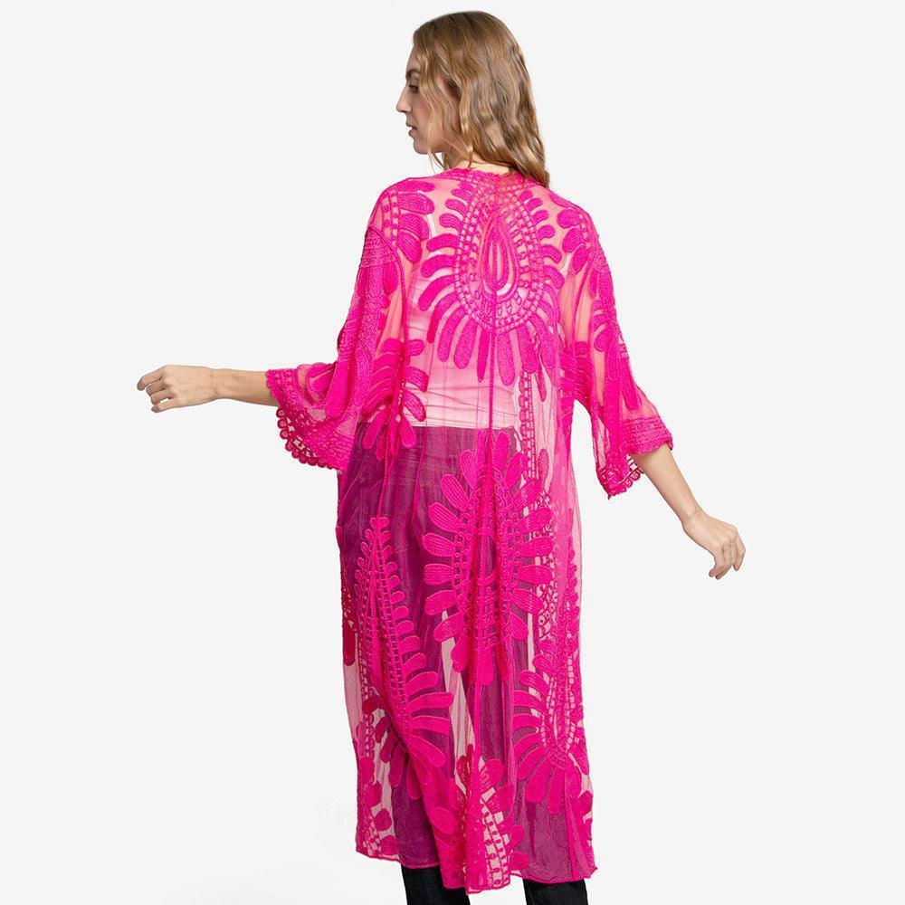 Pink Floral Patterned Long Lace Cover Up Kimono Poncho - Jewelry Store by Erik Rayo