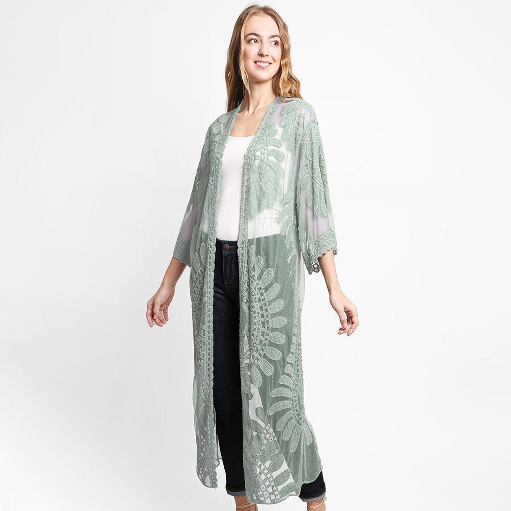 Mint Floral Patterned Long Lace Cover Up Kimono Poncho - Jewelry Store by Erik Rayo