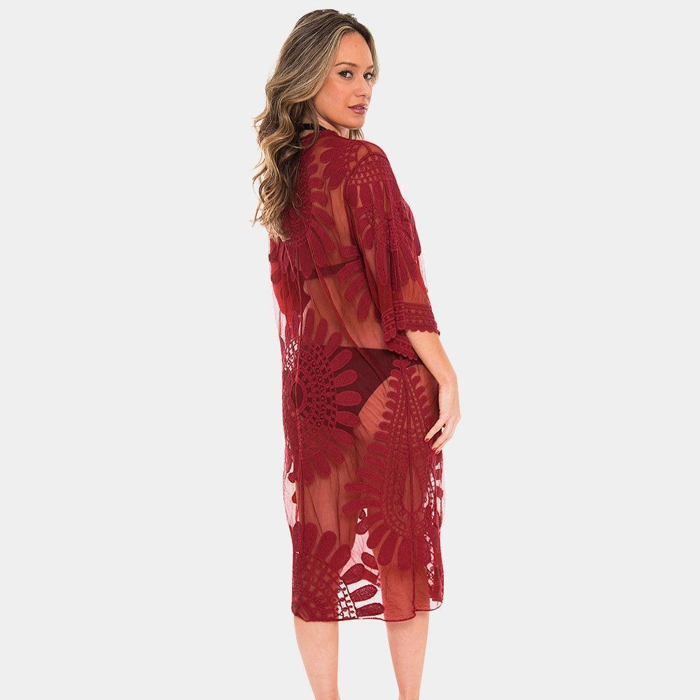 Red Floral Patterned Long Lace Cover Up Kimono Poncho - Jewelry Store by Erik Rayo