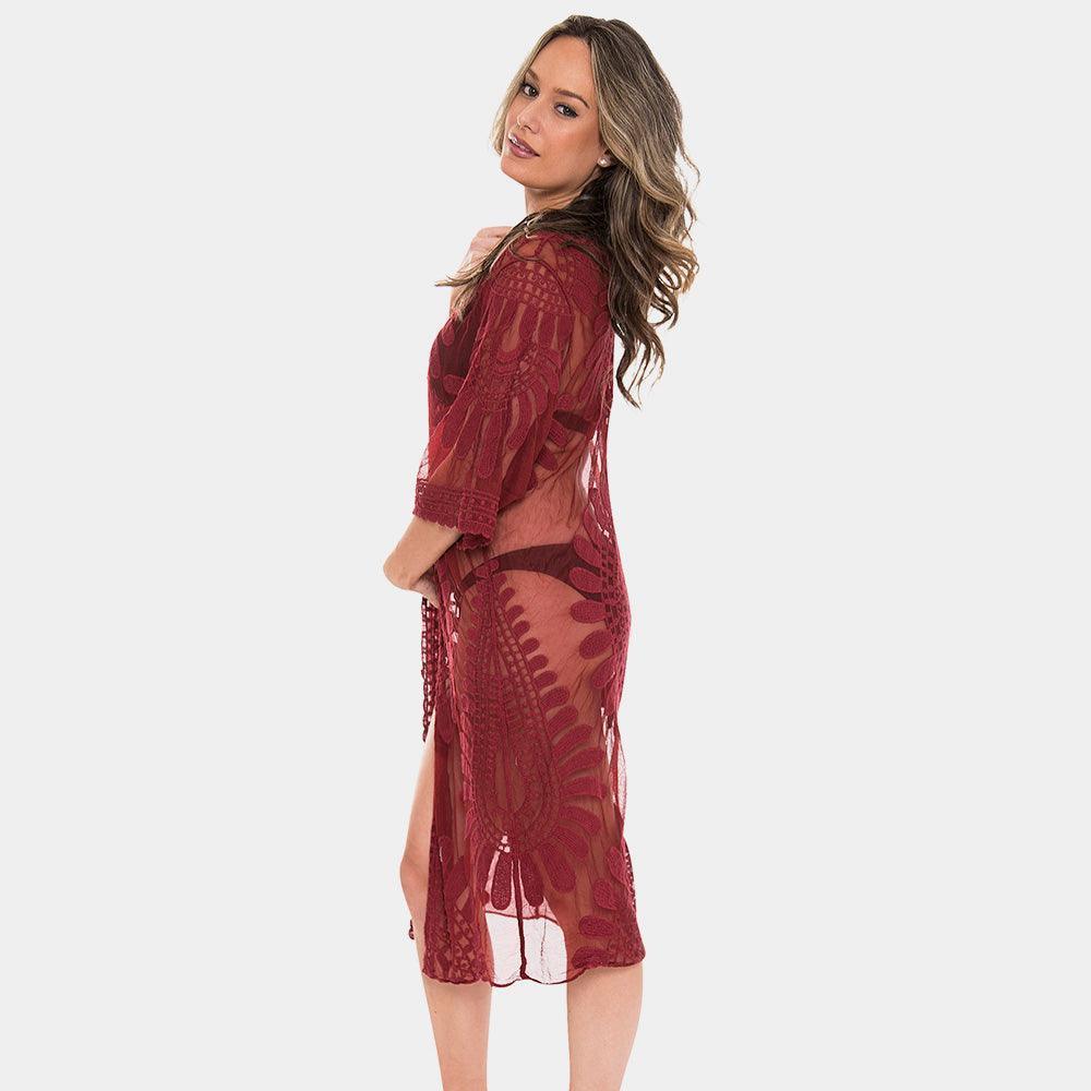Red Floral Patterned Long Lace Cover Up Kimono Poncho - Jewelry Store by Erik Rayo
