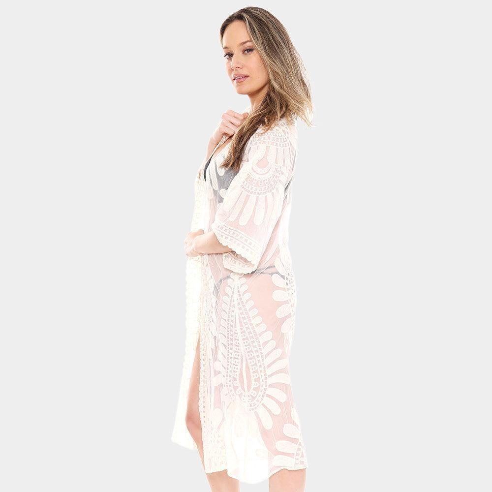 White Floral Patterned Long Lace Cover Up Kimono Poncho - Jewelry Store by Erik Rayo