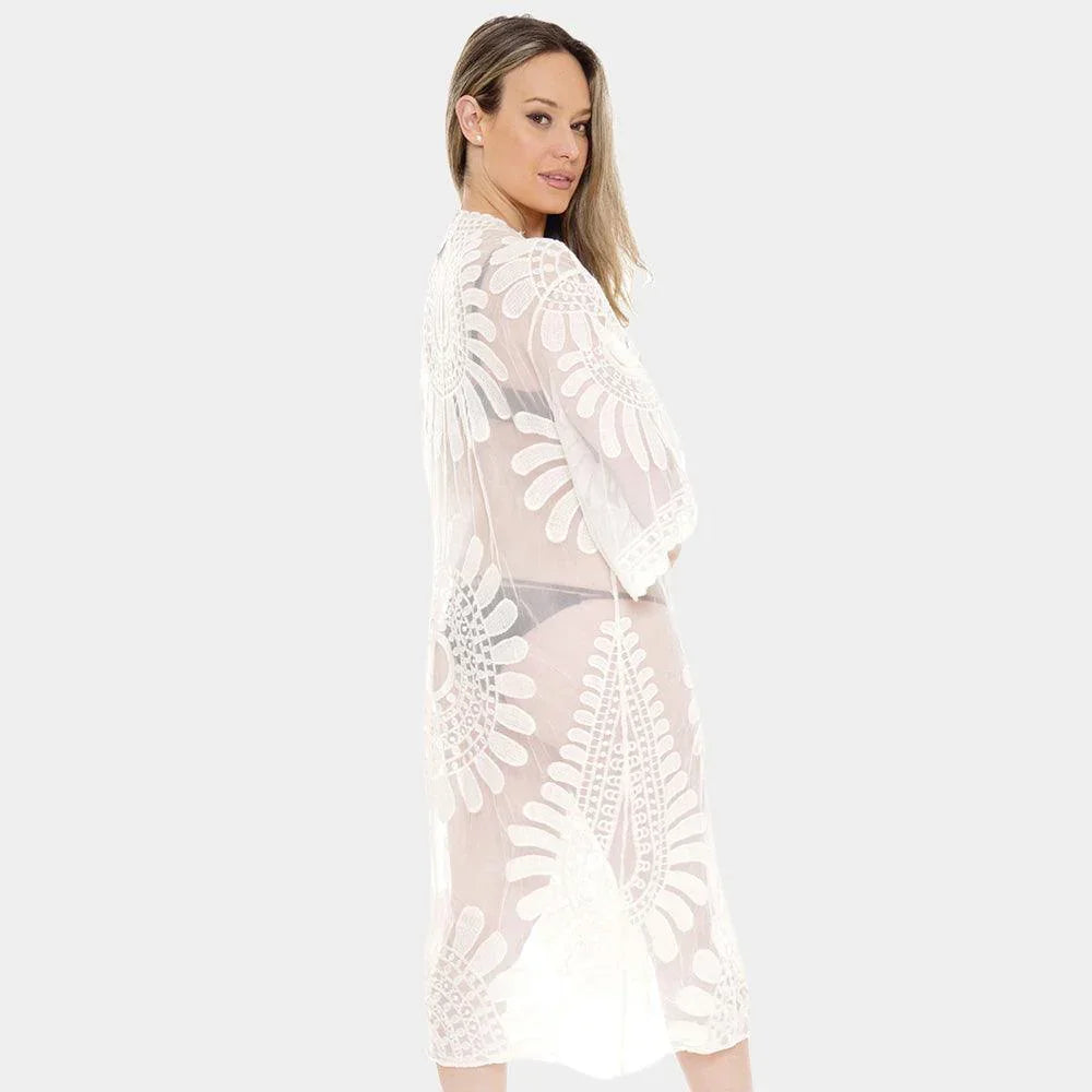 White Floral Patterned Long Lace Cover Up Kimono Poncho - Jewelry Store by Erik Rayo