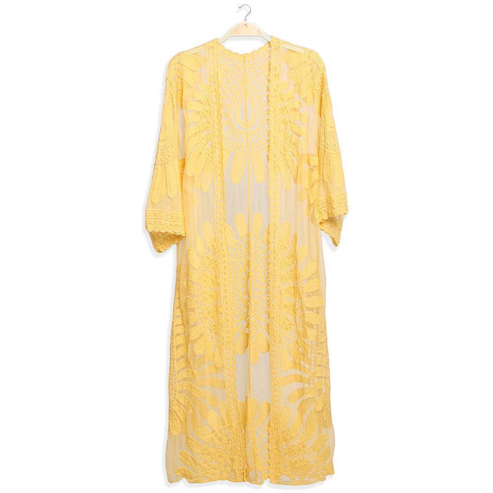 Yellow Floral Patterned Long Lace Cover Up Kimono Poncho - Jewelry Store by Erik Rayo