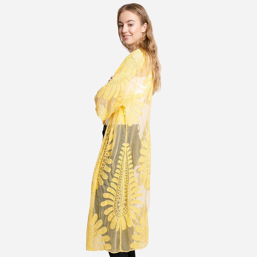 Yellow Floral Patterned Long Lace Cover Up Kimono Poncho - Jewelry Store by Erik Rayo