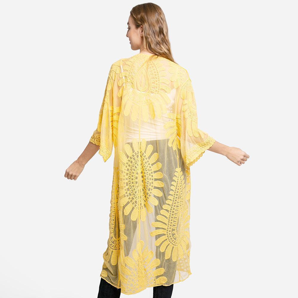 Yellow Floral Patterned Long Lace Cover Up Kimono Poncho - Jewelry Store by Erik Rayo